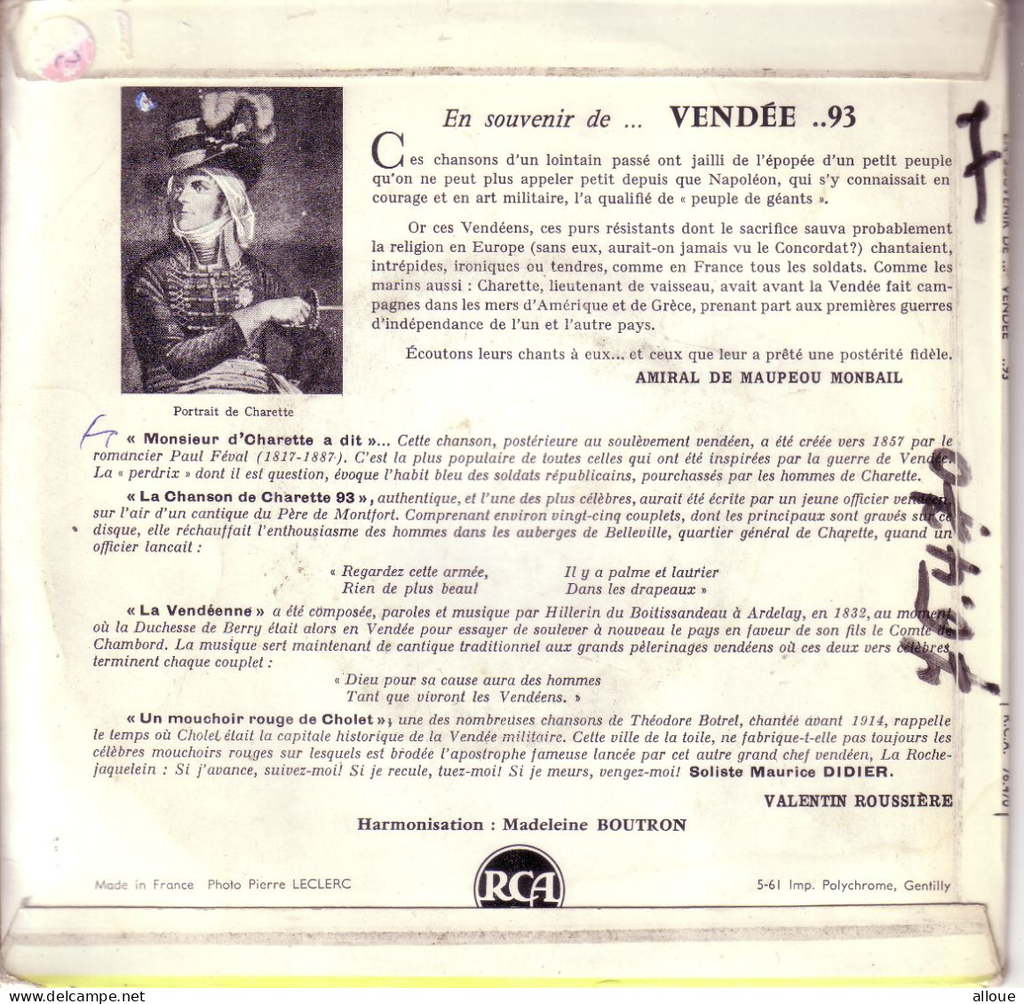 PAUL MAYEUX ET SES VENDEENS  - FR EP VENDEE... 93 - MONSIEUR D'CHARETTE A DIT...  + 3 - Other - French Music