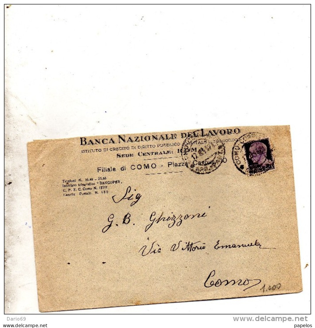 1945  LETTERA INTESTATA CON ANNULLO COMO - Marcophilia