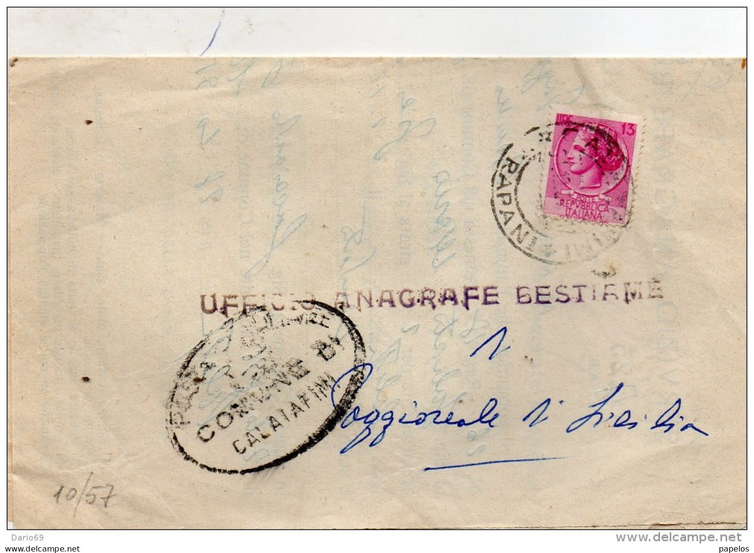 1957 LETTERA CON ANNULLO CALATAFIMI TRAPANI - 1946-60: Marcophilie