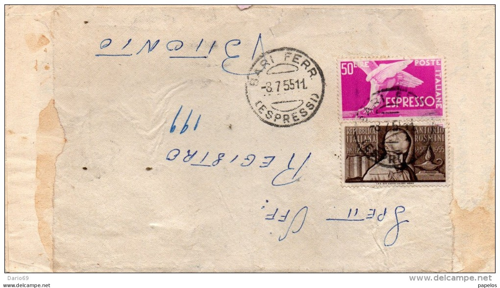 1955 LETTERA CON ANNULLO BARI ESPRESSI - Correo Urgente/neumático