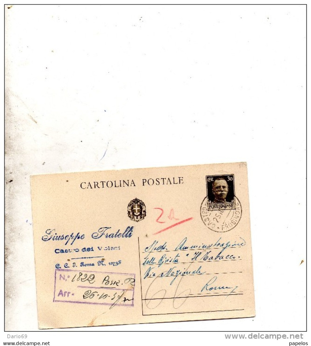 1930 CARTOLINA CON ANNULLO CASTRO DEI VOLSCI FROSINONE - Entero Postal