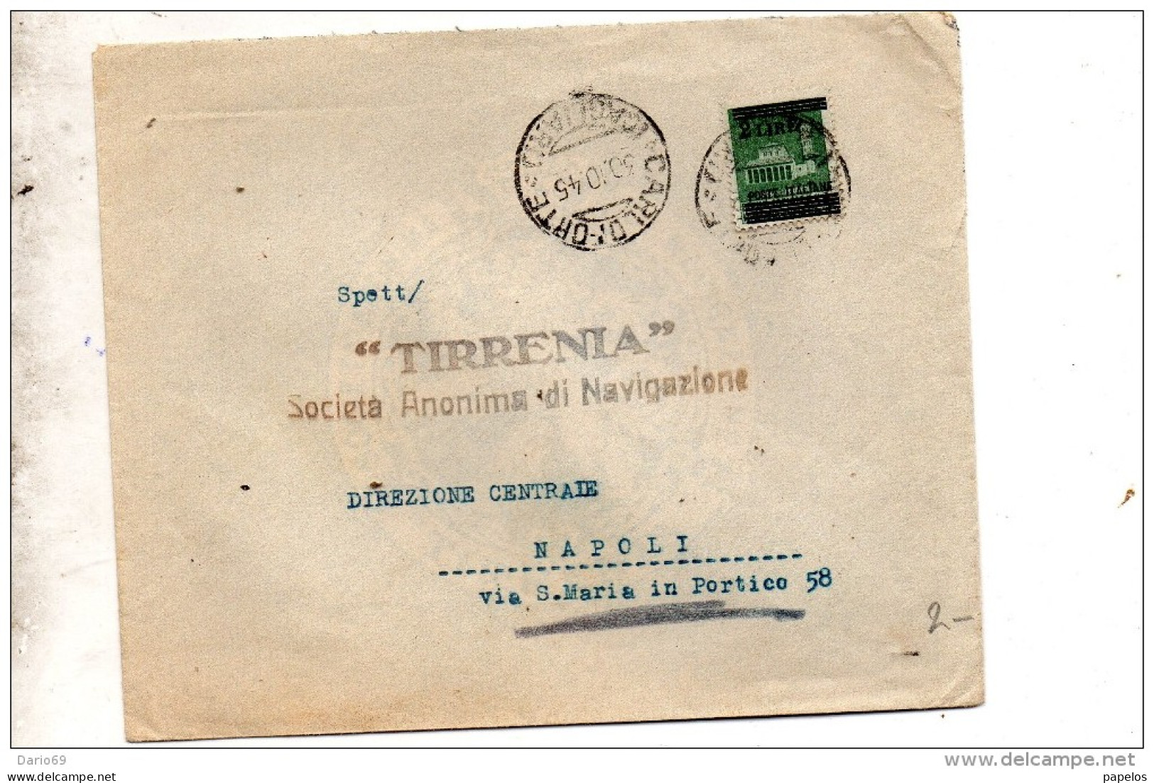 1945 LETTERA INTESTATA TIRRENIA DI NAVIGAZIONE CON ANNULLO CARLOFORTE CAGLIARI - Marcofilie