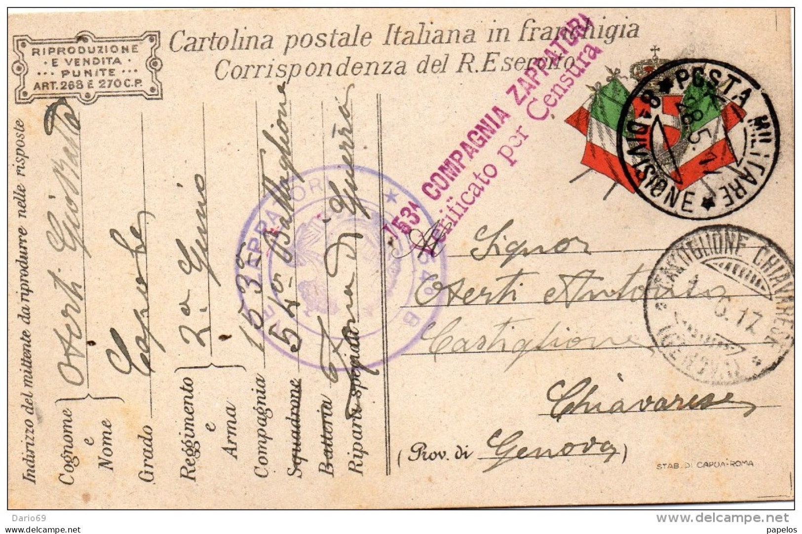 1917 CARTOLINA CON ANNULLO CASTIGLIONE CHIAVARESE GENOVA POSTA MILITARE 8 DIVISIONE 53° COMPAGNIA ZAPPATORI - Militares