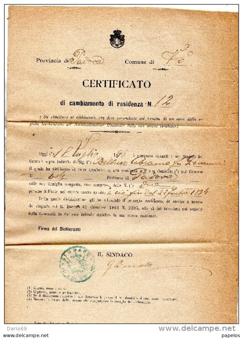 1898  LETTERA CON ANNULLO  VO' PADOVA + ESTE - Marcophilie