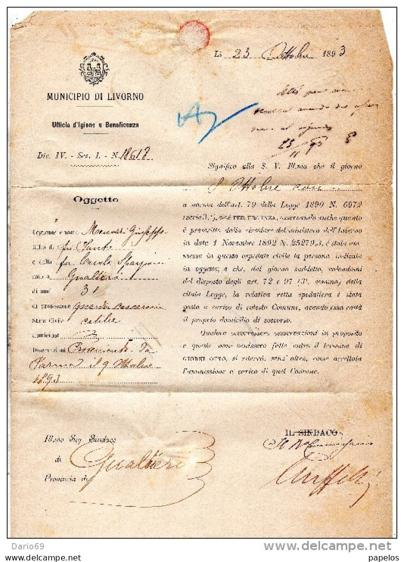 1893  LETTERA CON ANNULLO LIVORNO + GUALTIERI - Marcophilie