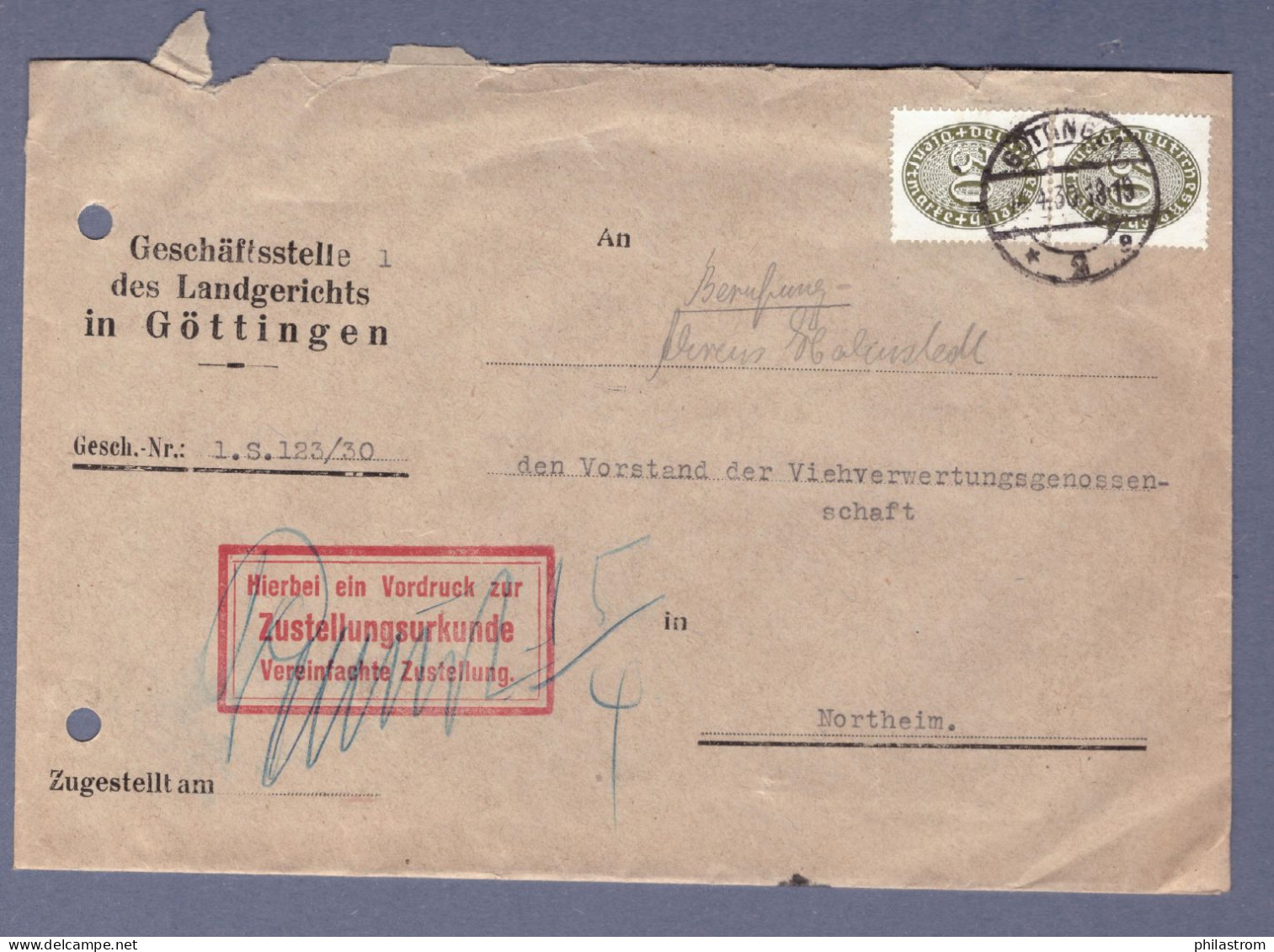 DR Dienst Zustellungsurkunde - Landsgericht Göttingen - Senkr. Paar MeF - Göttingen 14.4.30  (CG13110-189) - Officials