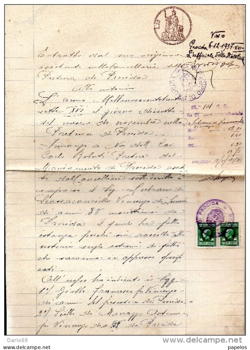 1937  CERTIFICATO CON MARCHE COMUNE PROCIDA  NAPOLI - Cinderellas