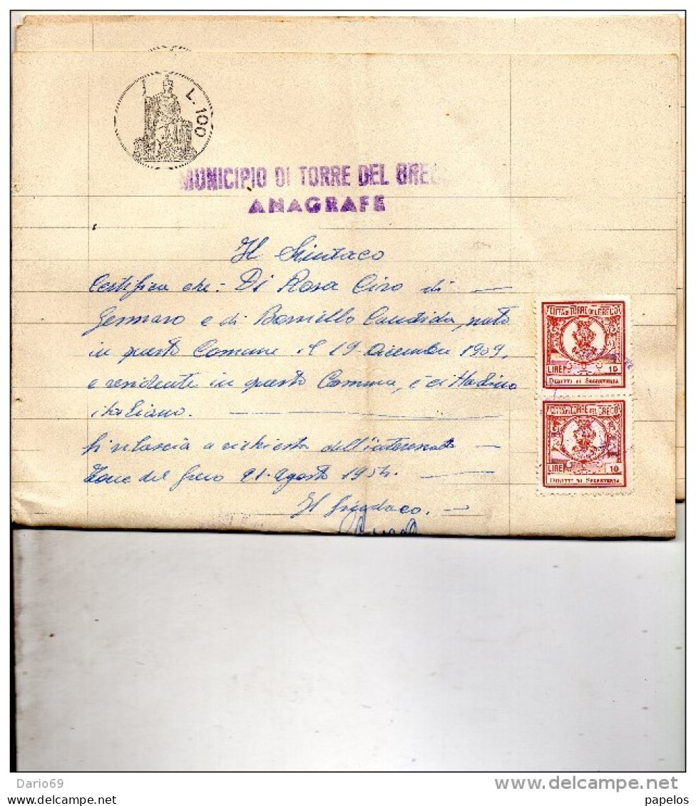 1954  CERTIFICATO COMUNALE CON MARCHE  -  TORRE DEL GRECO   NAPOLI - Erinnophilie