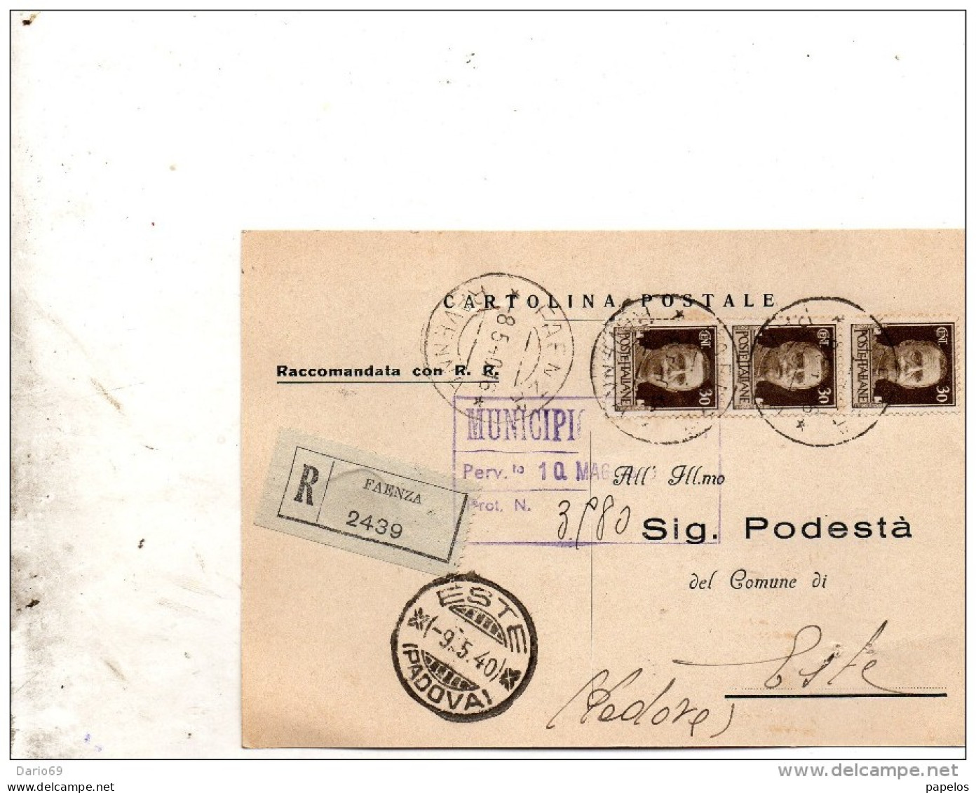 1940 CARTOLINA CON ANNULLO FAENZA   RAVENNA + ESTE PADOVA - Poststempel