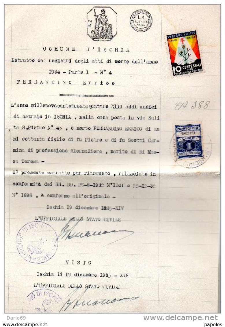 1935 CERTIFICATO CON MARCHE COMUNE D'ISCHIA NAPOLI - Cinderellas