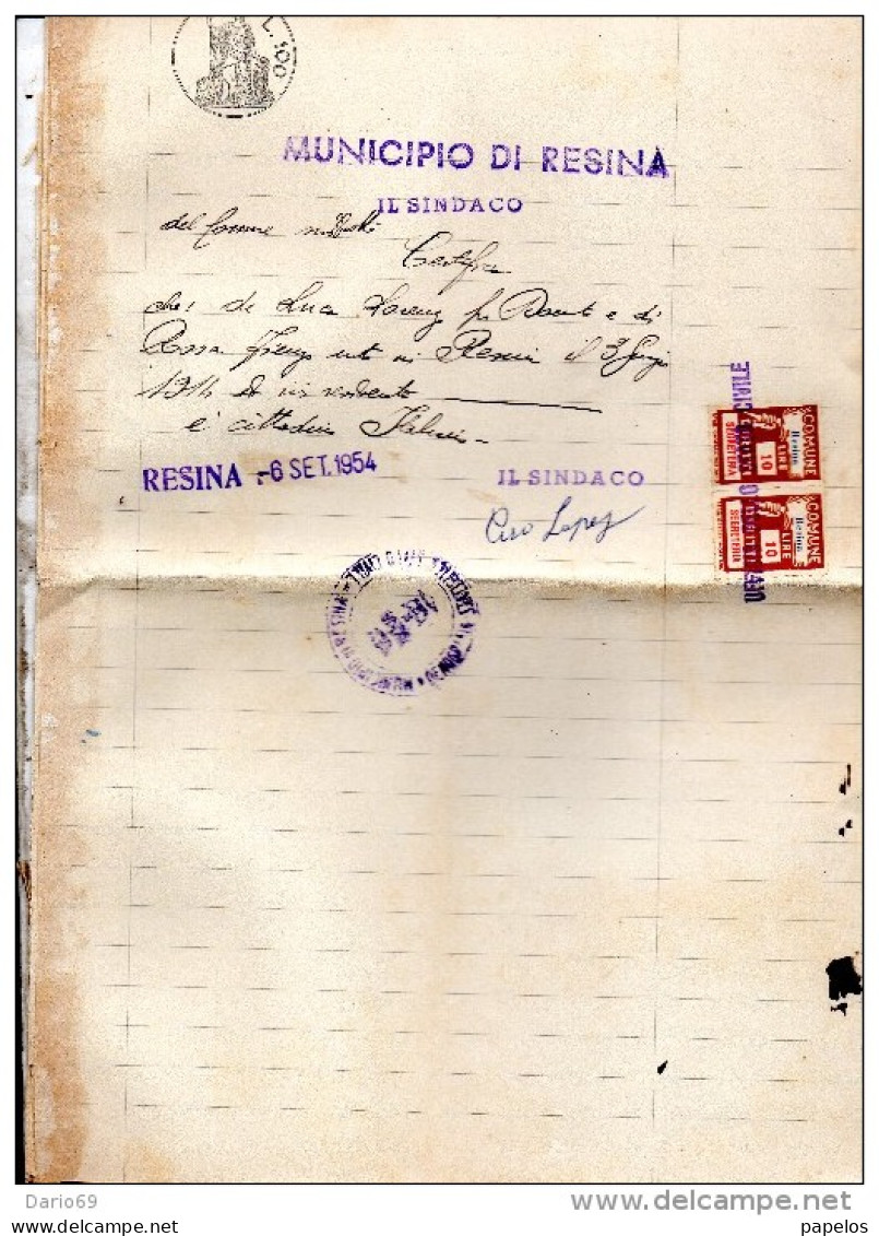 1954 CERTIFICATO COMUNALE CON MARCHE  -  RESINA NAPOLI - Revenue Stamps