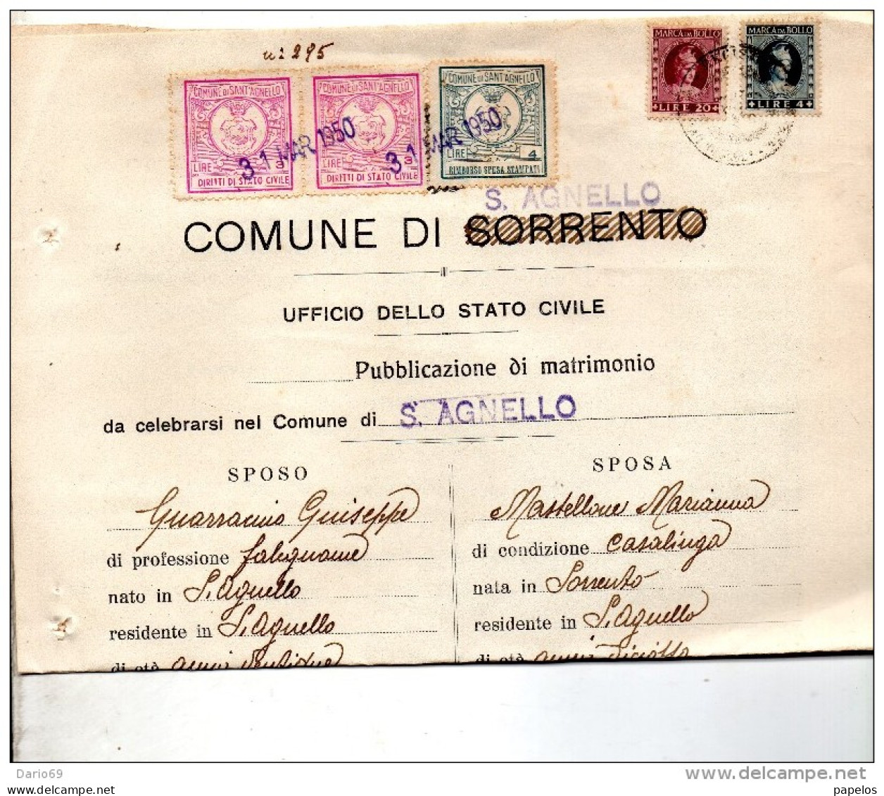 1950  CERTIFICATO COMUNALE CON MARCHE  -  SORRENTO NAPOLI - Vignetten (Erinnophilie)