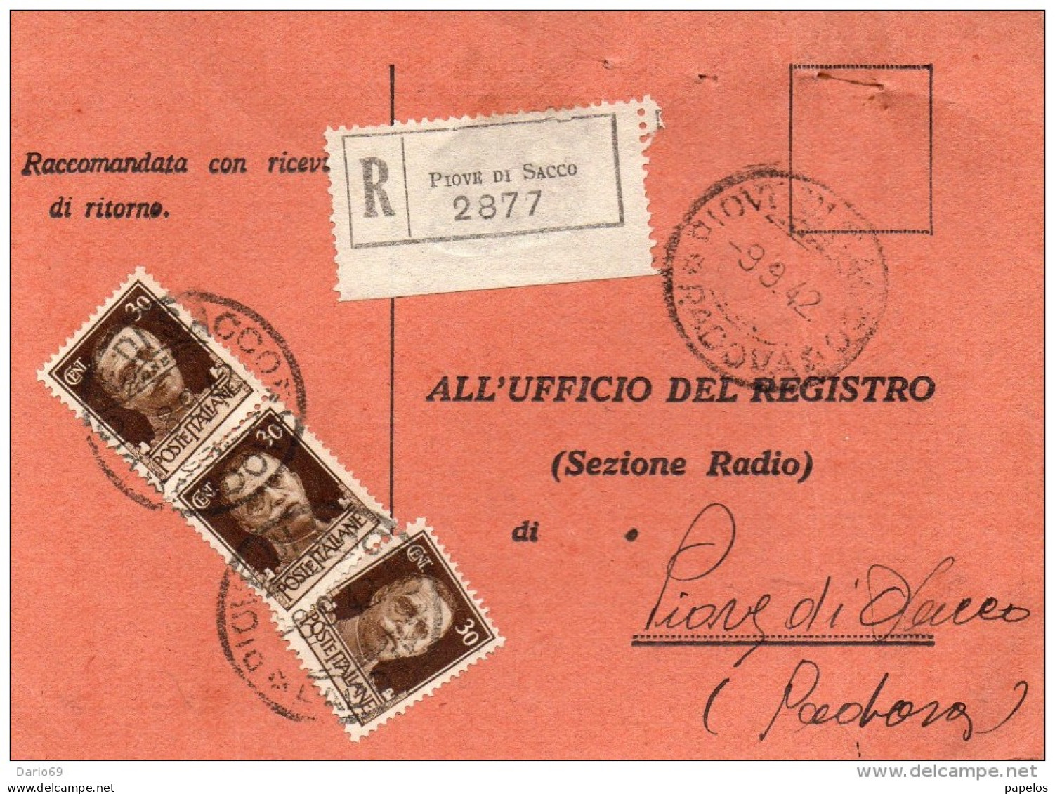 1942 CARTOLINA  RACCOMANDATA CON ANNULLO  PIOVE DI SACCO PADOVA - Marcophilie