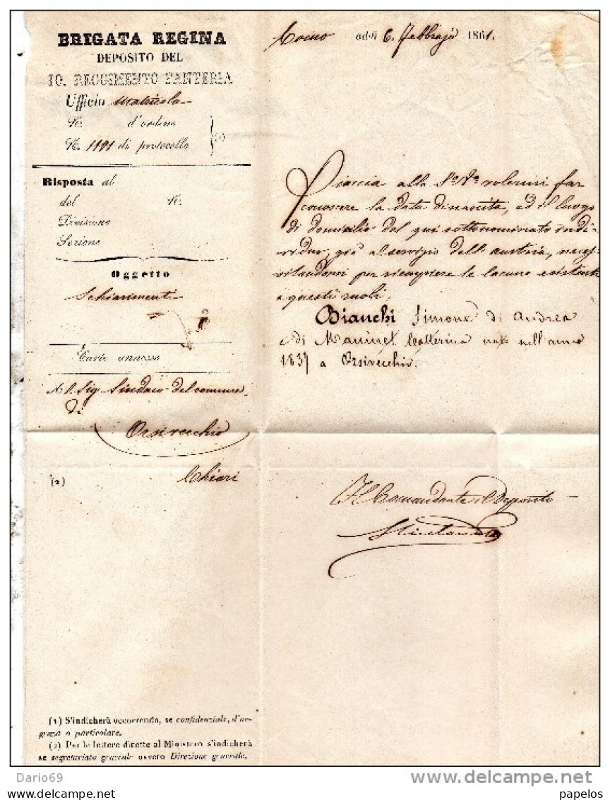 1861 LETTERA CON ANNULLO COMO - BRIGATA REGINA  REGGIMENTO FANTERIA - 1. ...-1850 Vorphilatelie