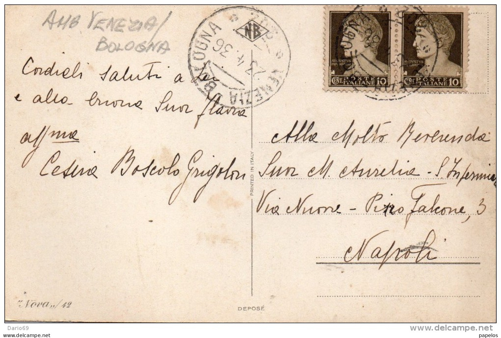 1936  CARTOLINA CON   ANNULLO AMBULANTE VENEZIA - BOLOGNA - Poststempel