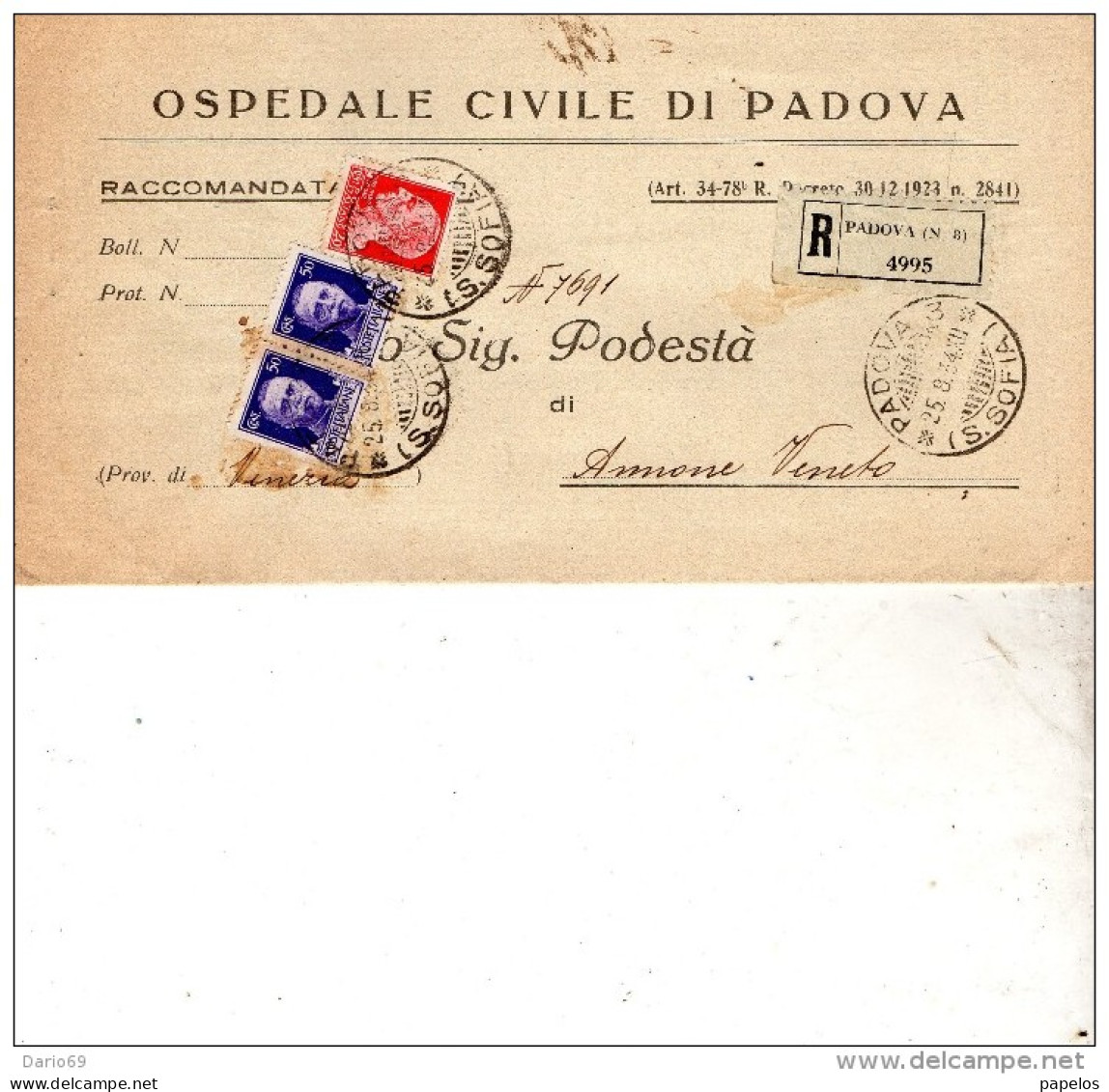 1934   LETTERA RACCOMANDATA CON ANNULLO PADOVA SUCCURSALE 3 - Poststempel
