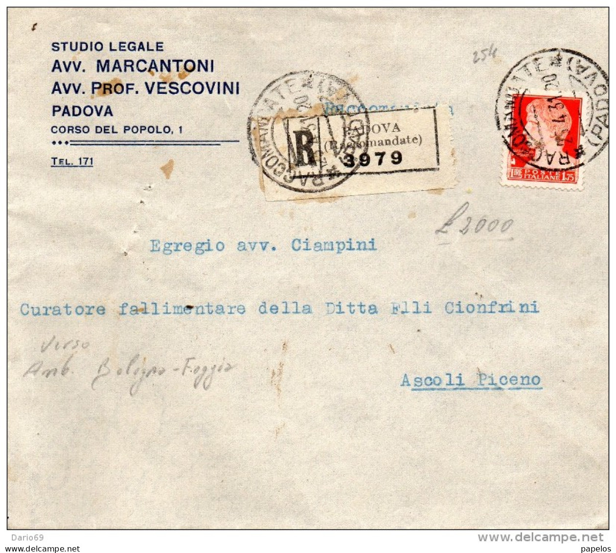 1931   LETTERA RACCOMANDATA CON ANNULLO PADOVA - Poststempel