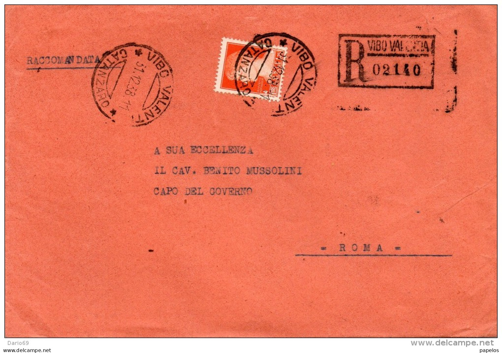 1938  LETTERA RACCOMANDATA CON ANNULLO VIBO VALENTIA CATANZARO - Marcophilie