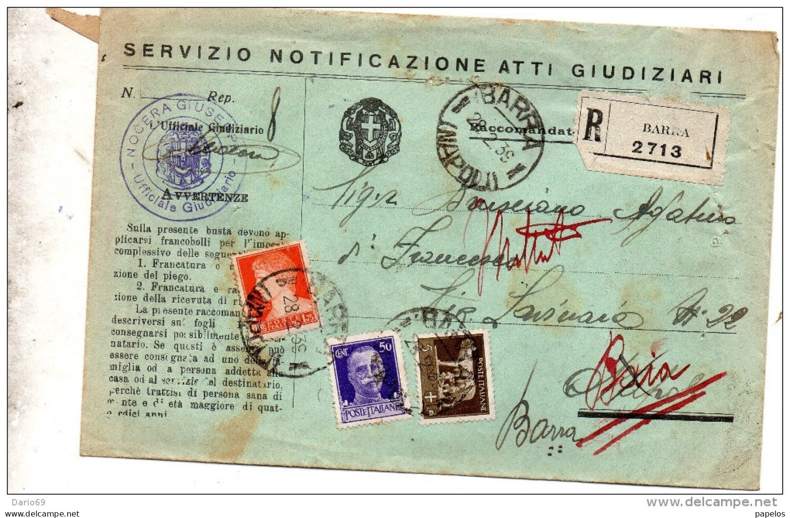 1939  LETTERA RACCOMANDATA CON ANNULLO BARRA   NAPOLI - Marcophilie