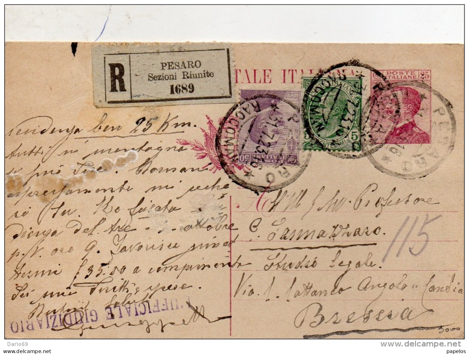1923  CARTOLINA RACCOMANDATA CON ANNULLO PESARO - Entero Postal