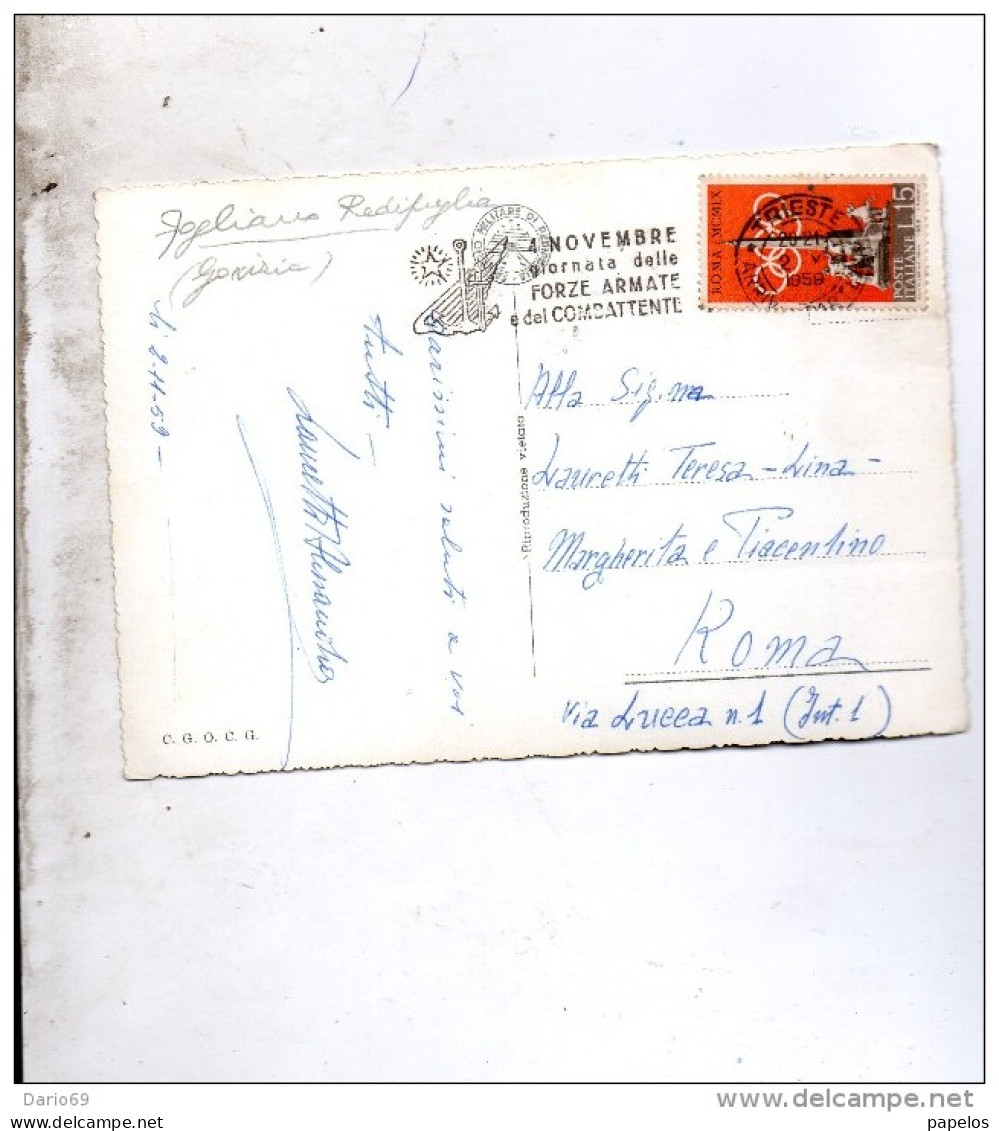 1959 CARTOLINA CON ANNULLO TRIESTE + TARGHETTA 4 NOVEMBRE GIORNATA DELLE FORZE ARMATE E DEL COMBATTENTE - 1946-60: Poststempel