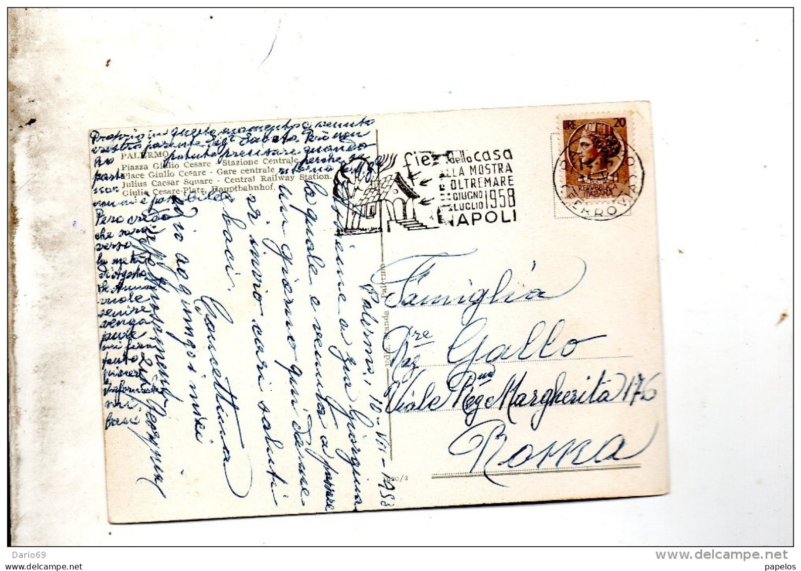 1958 CARTOLINA CON ANNULLO  PALERMO  PIAZZA GIULIO CESARE  + TARGHETTA FIERA DELLA CASA ALLA MOSTRA D'OLTREMARE NAPOLI - 1946-60: Poststempel