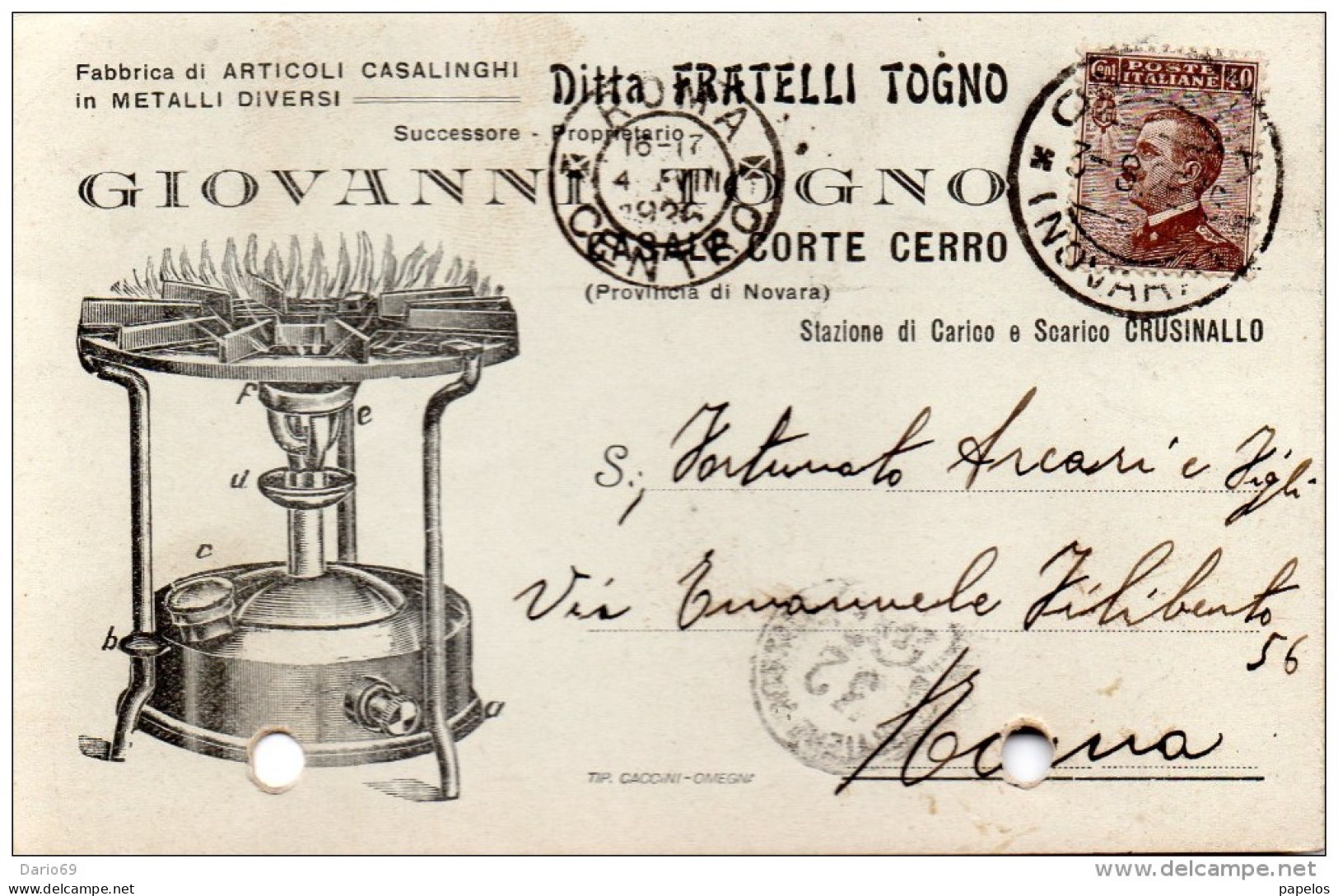 1926  CARTOLINA INTESTATA FABBRICA  DI ARTICOLI CASALINGHI  CASALE CORTE CERRO NOVARA - Poststempel