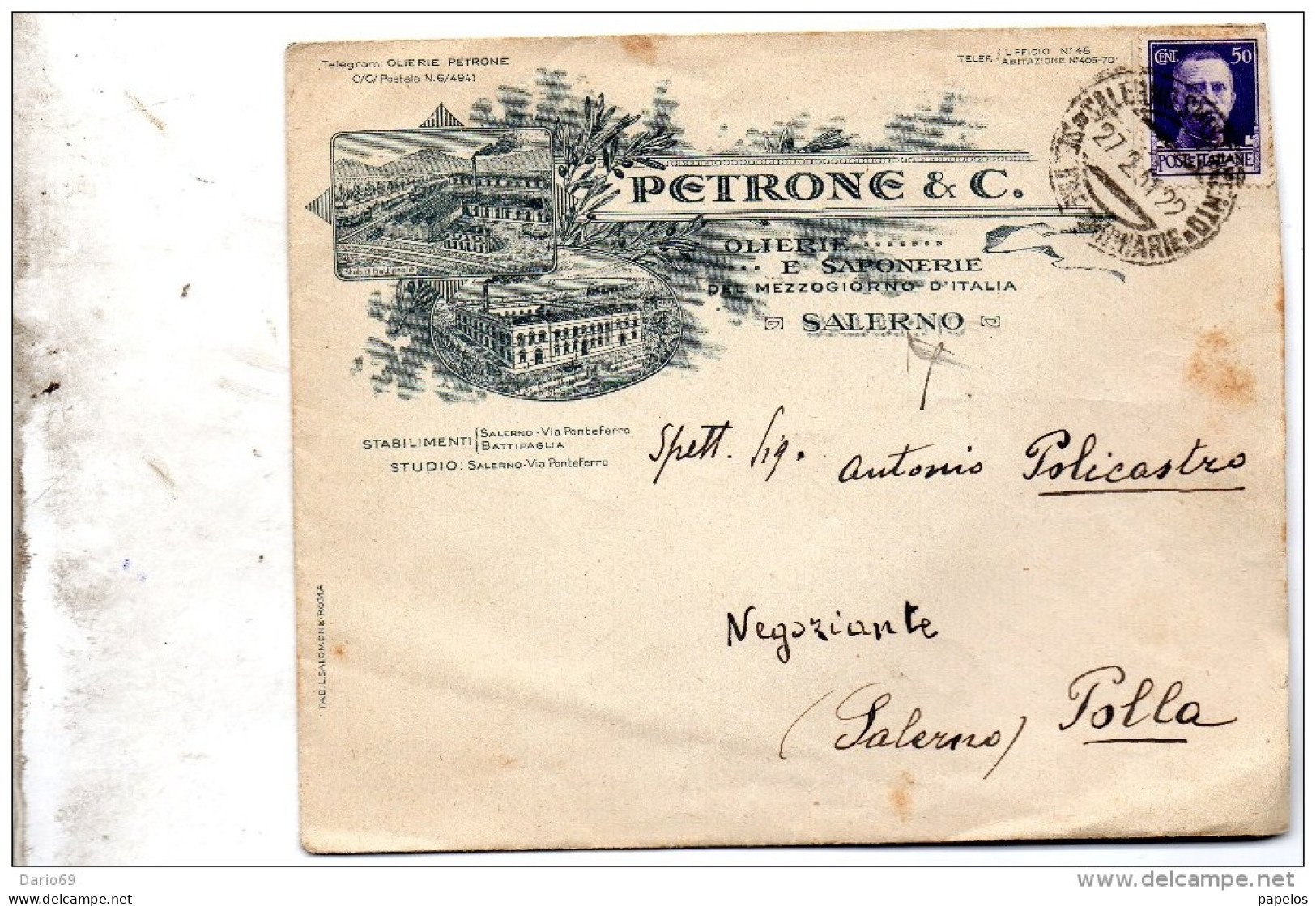 1931  LETTERA INTESTATA  PETRONE & C.  OLIERIE E SAPONERIA   CON ANNULLO SALERNO - Marcophilia