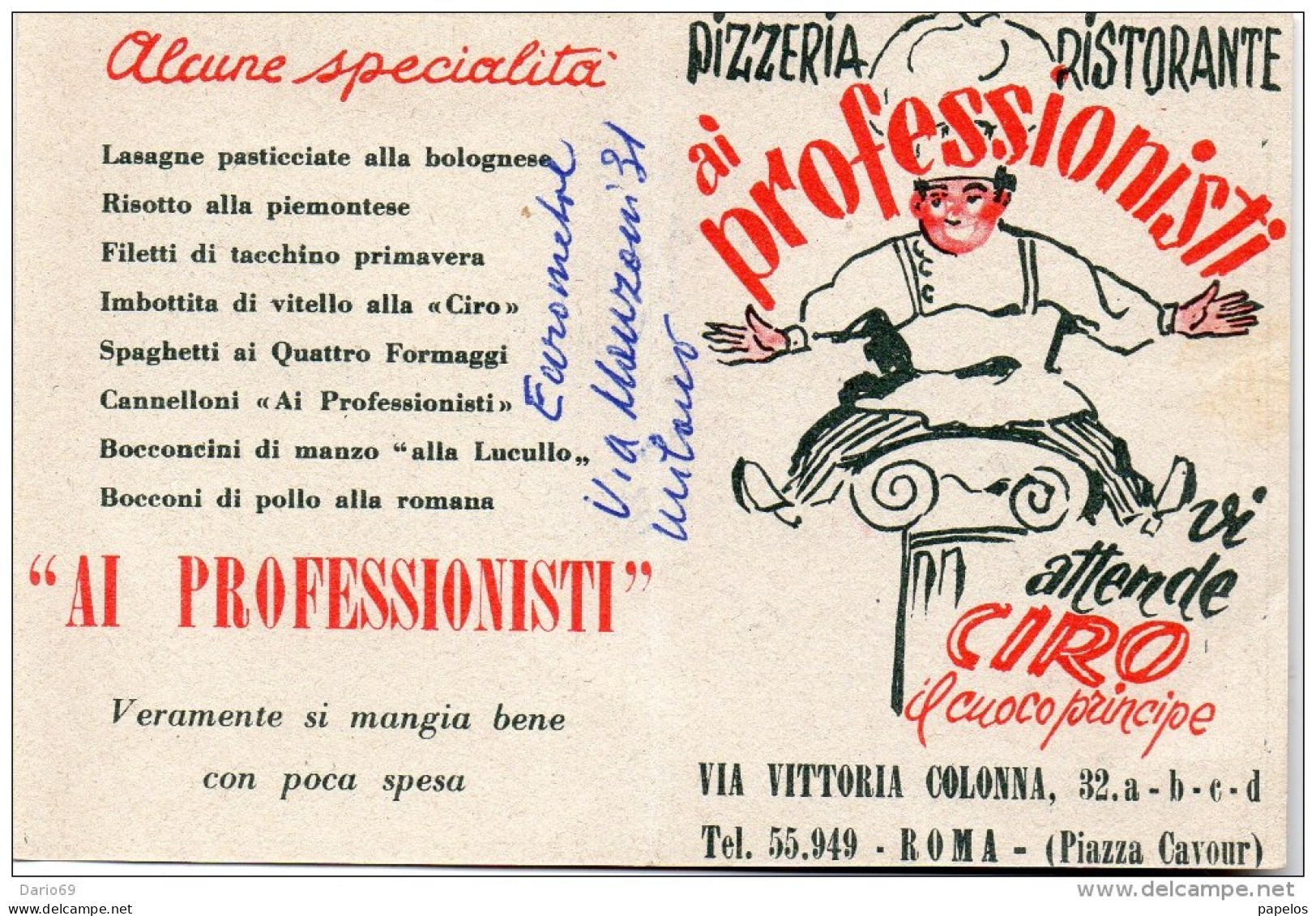 1951 CARTOLINA INTESTATA PIZZERIA RISTORANTE AI PROFESSIONISTI ROMA - Klein Formaat: 1941-60