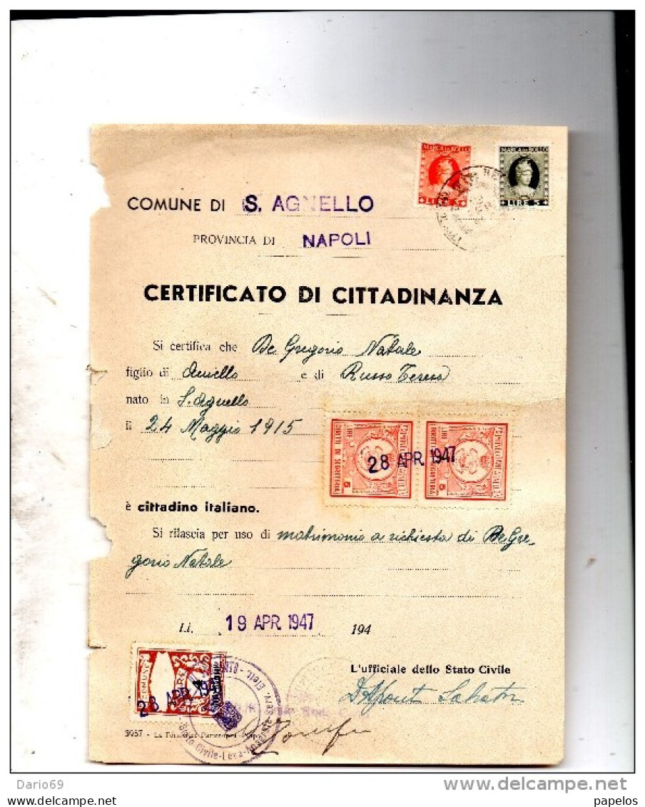 1947  CERTIFICATO COMUNALE CON MARCHE  -  S. AGNELLO    NAPOLI - Erinnophilie