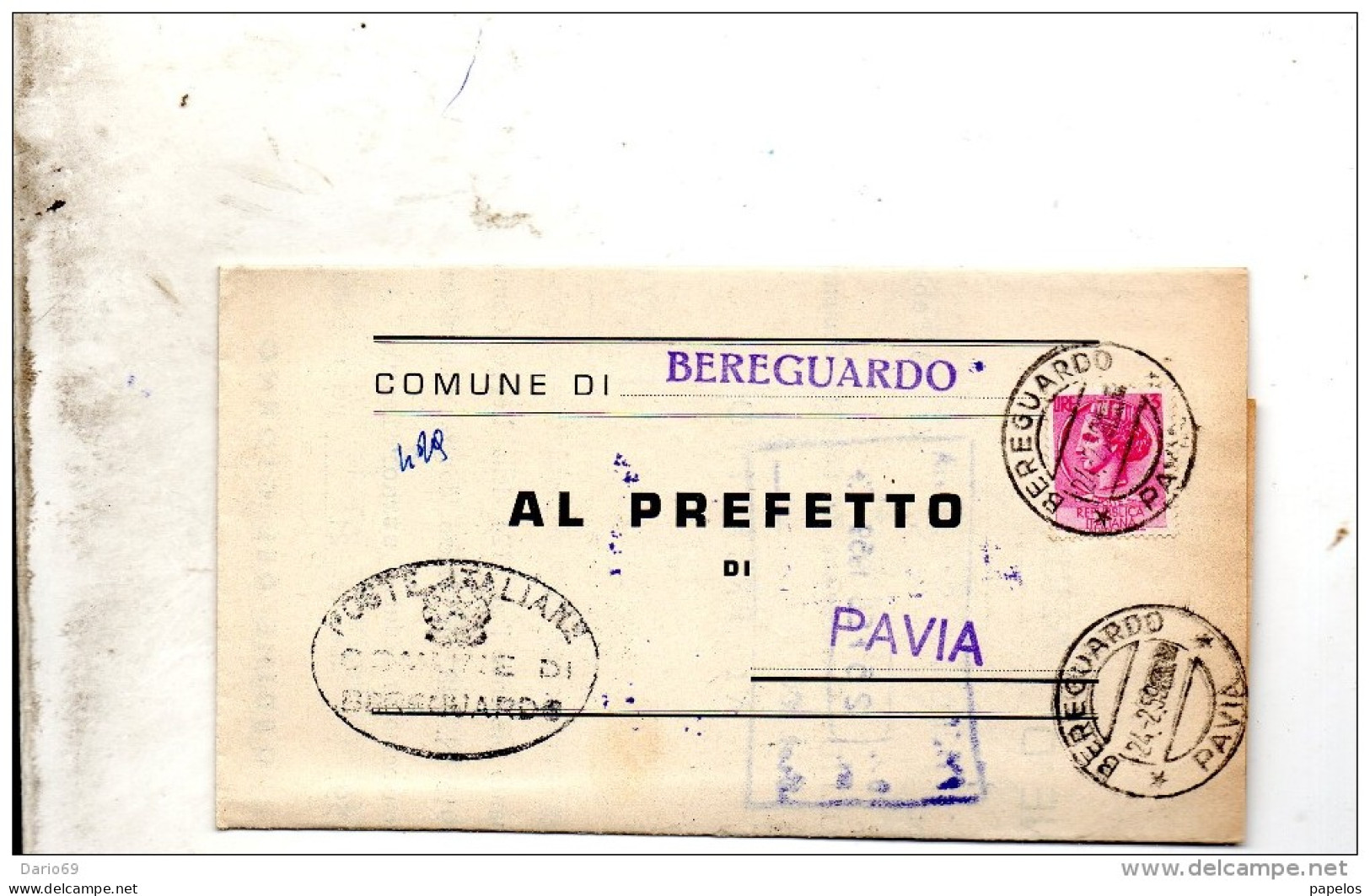 1959 LETTERA CON ANNULLO BEREGUARDO     PAVIA - 1946-60: Marcophilia