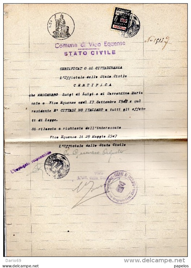 1947  CERTIFICATO COMUNALE CON MARCHE  -  VICO EQUENSE   NAPOLI - Erinnophilie