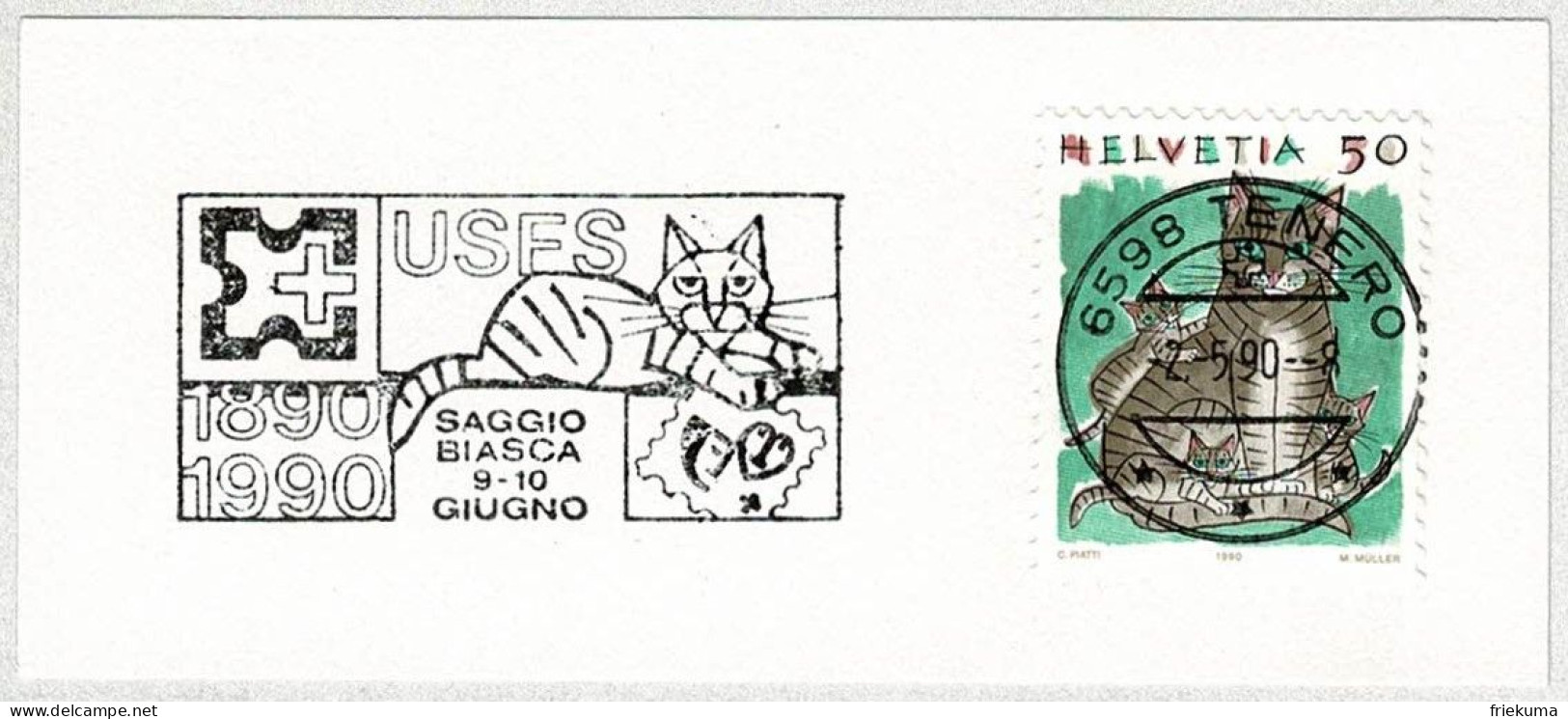 Schweiz / Helvetia 1990, Flaggenstempel USFS Tenero, Katze / Chat / Cat - Domestic Cats
