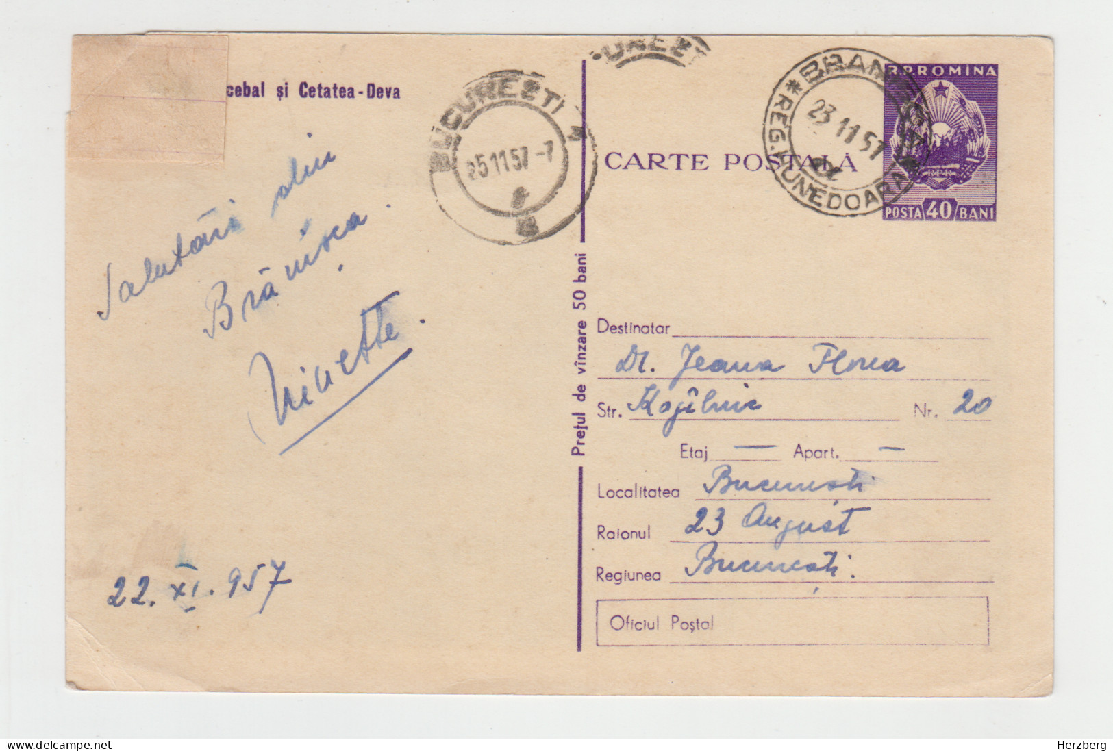 Romania Rumanien Roumanie 1957 Used Postal Stationery Entier Postal Ganzsache Deva Medieval Fortress Citadel Citadelle - Entiers Postaux