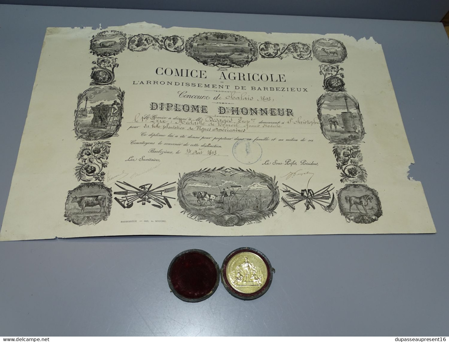 -ANCIENNE MEDAILLE ARGENT 1 Er Prix CONCOURS AGRICOLE Chalais 1893 Avec Diplôme - Autres & Non Classés