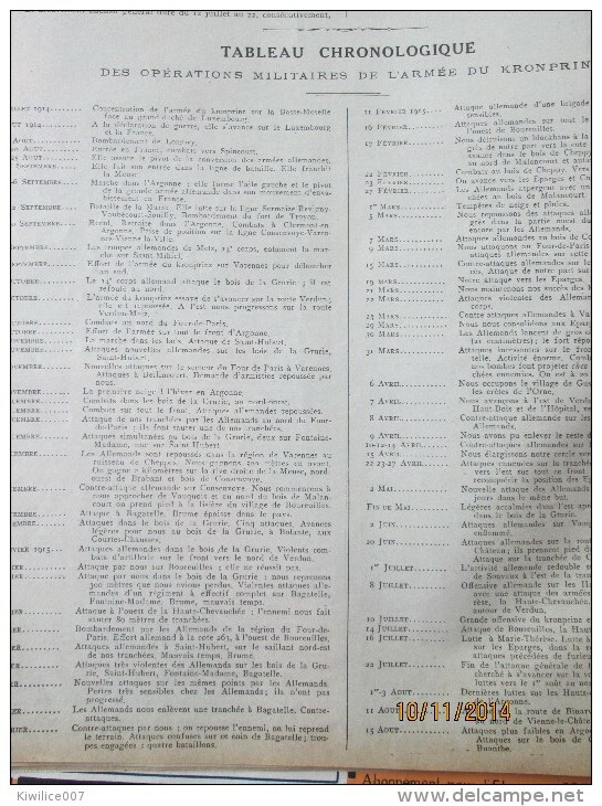 Guerre 14-18 La Campagne D Argonne    1915  Kronprintz  Bourreuilles   Vauquois   Eparges  Tableau Chronologique - Non Classés