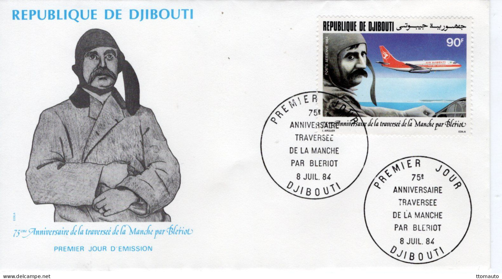 Djibouti FDC - 75eme Anniversaire De La Traversée De La Manche Par LOUIS BLÉRIOT -  1v Envelope Prémier Jour - Flugzeuge