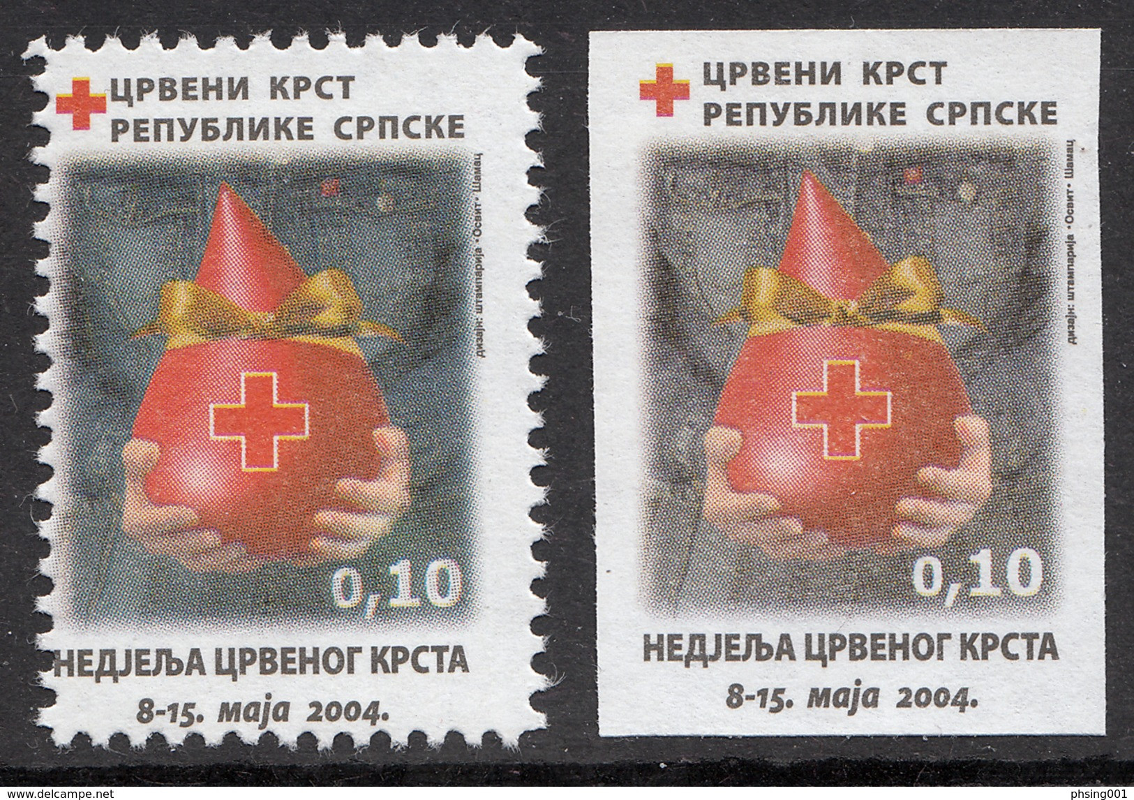 Bosnia Serbia 2004 Red Cross Rotes Kreuz Croix Rouge, Tax Charity Surcharge, Perforated + Imperforated Stamp MNH - Bosnië En Herzegovina