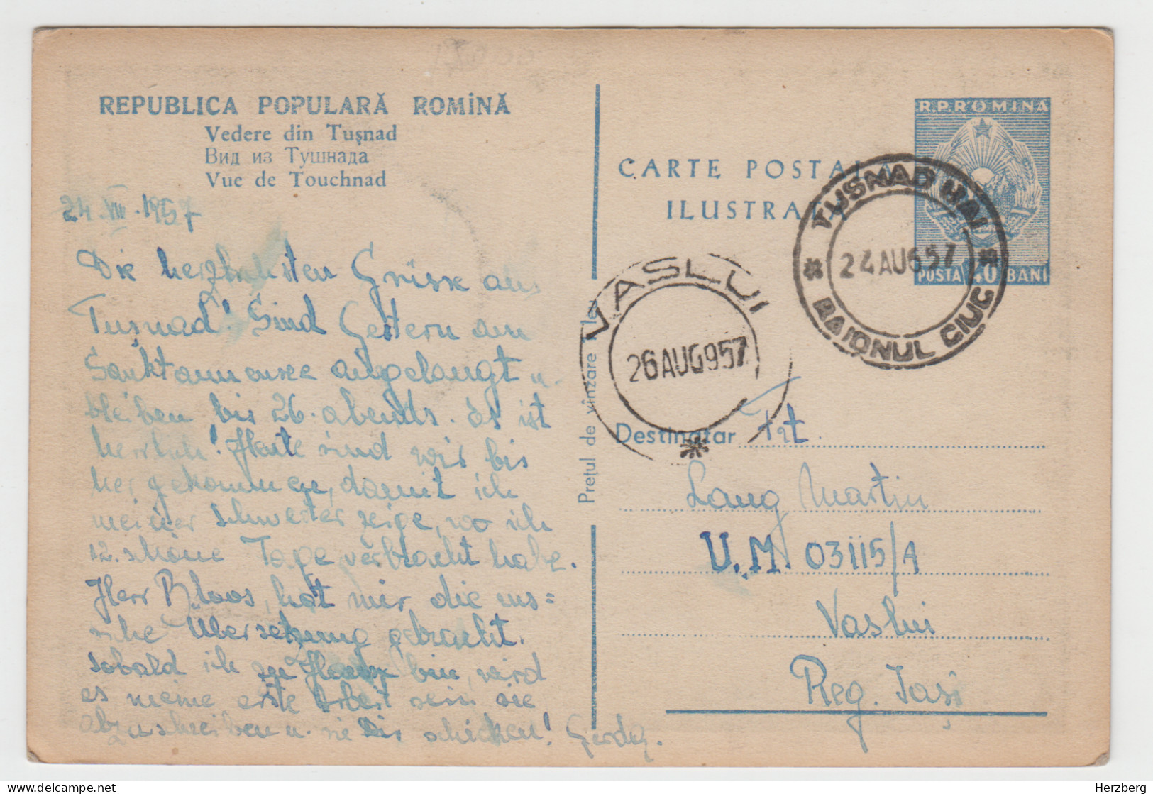 Romania Rumanien Roumanie 1957 Used Postal Stationery Tusnad Tusnádfürdõ Baths Resort Spa - Ganzsachen