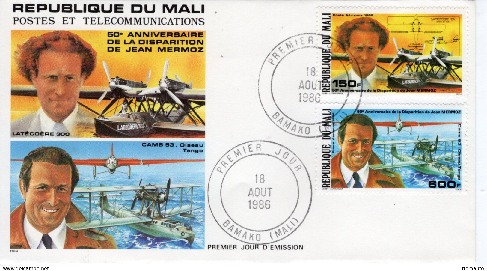 Mali FDC - 75e Anniversaire De La Disparition De JEAN MERMOZ -  2v Envelope Prémier Jour - Aerei