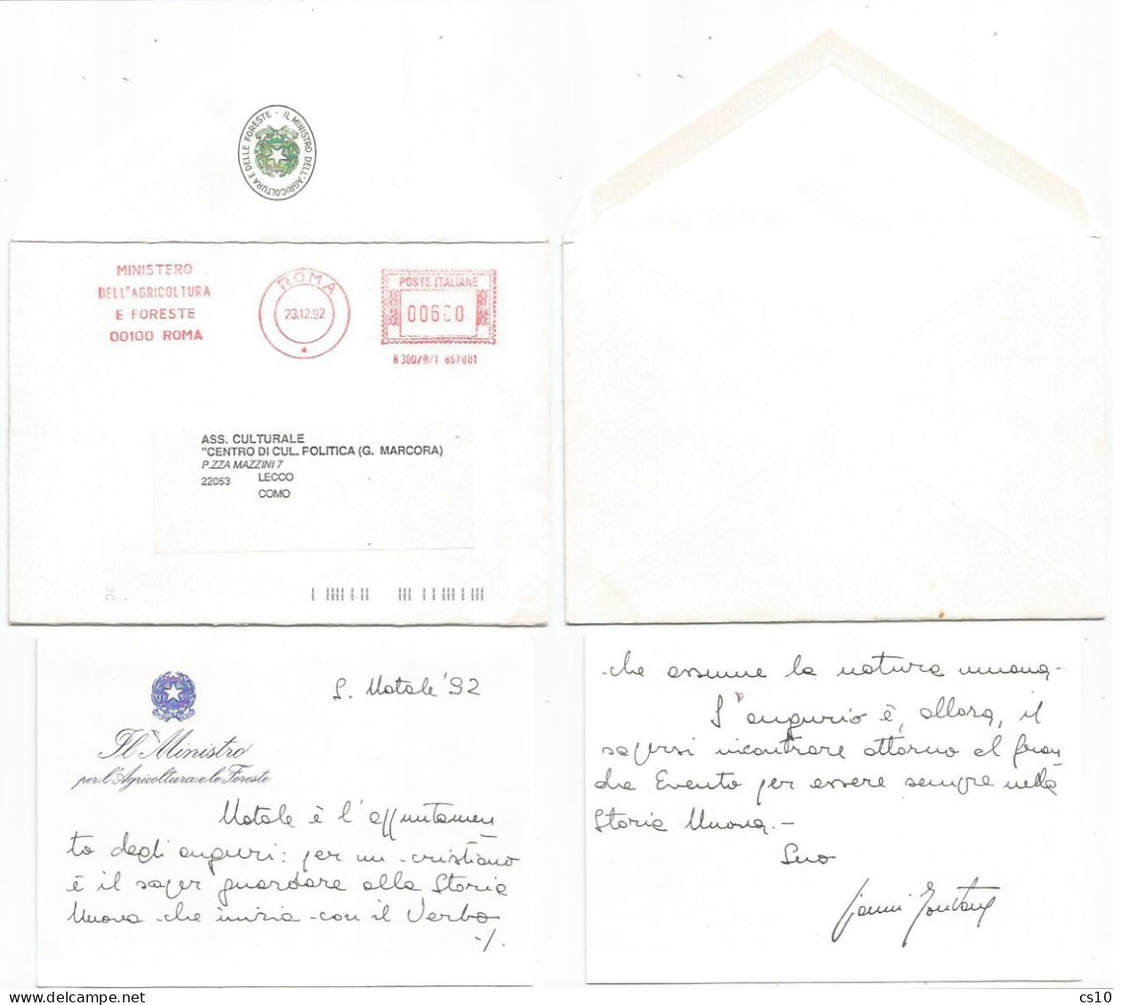 Autografo Ministro Agricolture & Foreste Gianni Fontana Del Governo Amato 1992/93 Busta Ministero RM 23dic92 X Como - Personnages