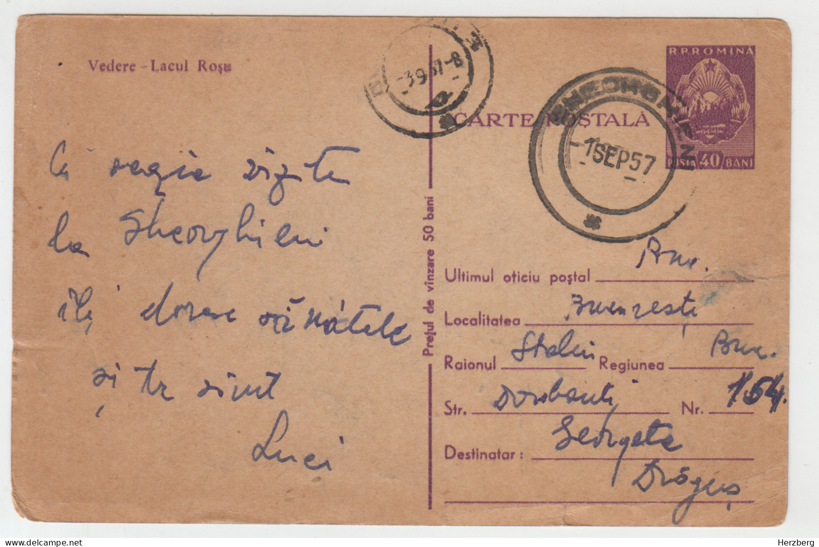 Romania Rumanien Roumanie 1960 Used Postal Stationery Lacul Rosu Gyilkostó Gyilkos Tó Ghilcos Gyergyószentmiklós - Entiers Postaux