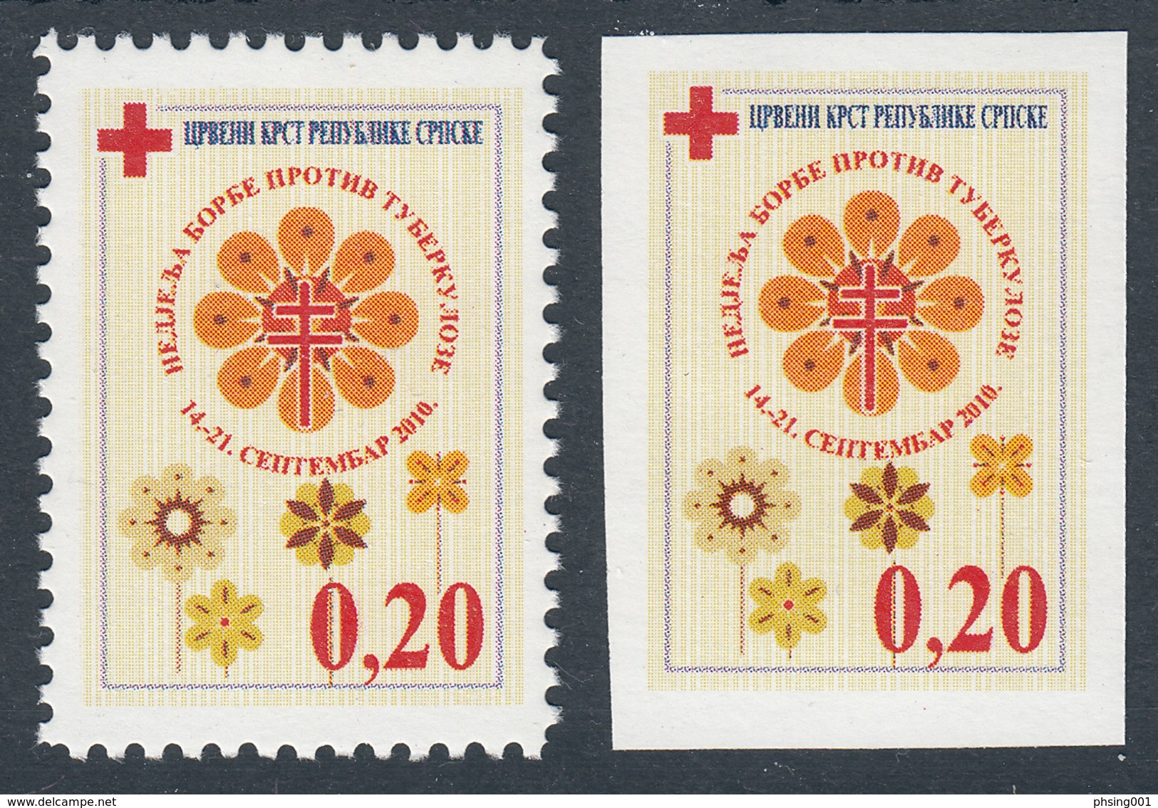 Bosnia Serbia 2010 TBC Red Cross Croix Rouge Rotes Kreuz, Perforated + Imperforated, Tax Charity Surcharge Stamps MNH - Bosnië En Herzegovina