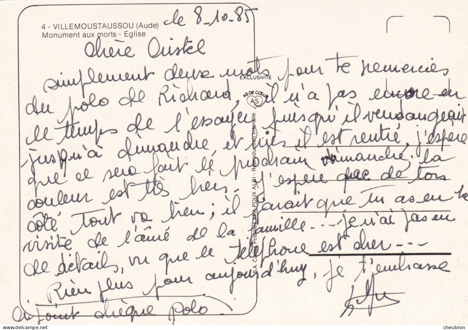 11. VILLEMOUSTAUSSOU. CPSM.  MONUMENT AUX MORTS.  EGLISE. + TEXTE ANNEE 1985 - Other & Unclassified