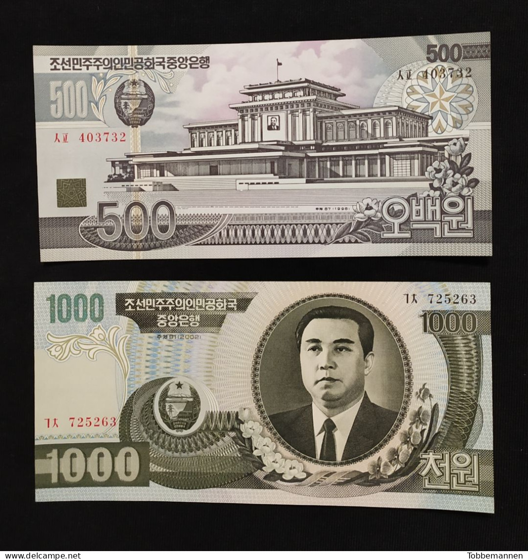 North Korea Rare Issues 500 And 1000 Won (1998 And 2002) UNC - Corée Du Nord