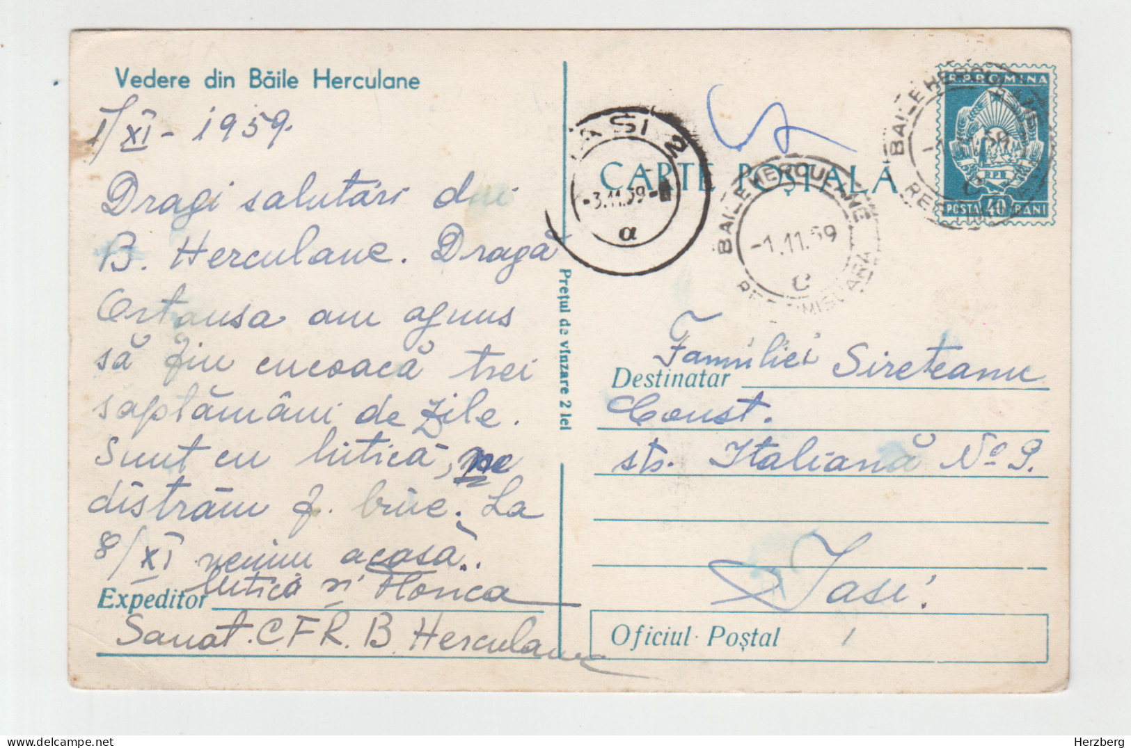 Romania Rumanien Roumanie 1959 Used Postal Stationery Baile Herculane Herkulesfürdő Baths Spa Resort Sanatorium Hotel - Entiers Postaux