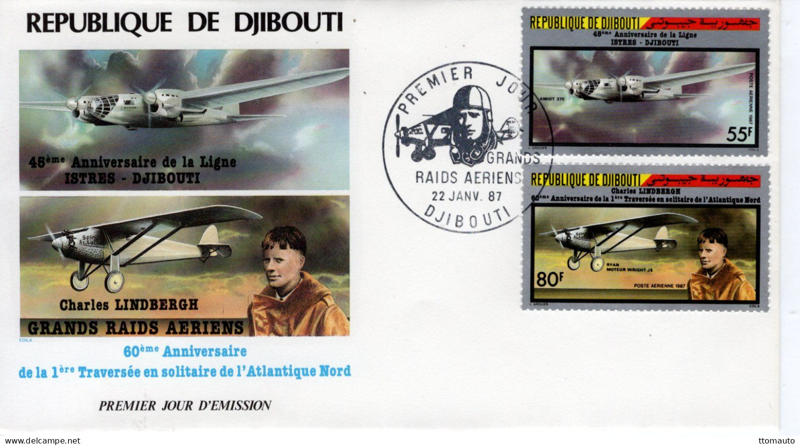 Djibouti FDC - 48e Anniversaire De La Ligne Istres-Djibouti - CHARLES LINDBERGH -  - 2v Envelope Prémier Jour - Aviones