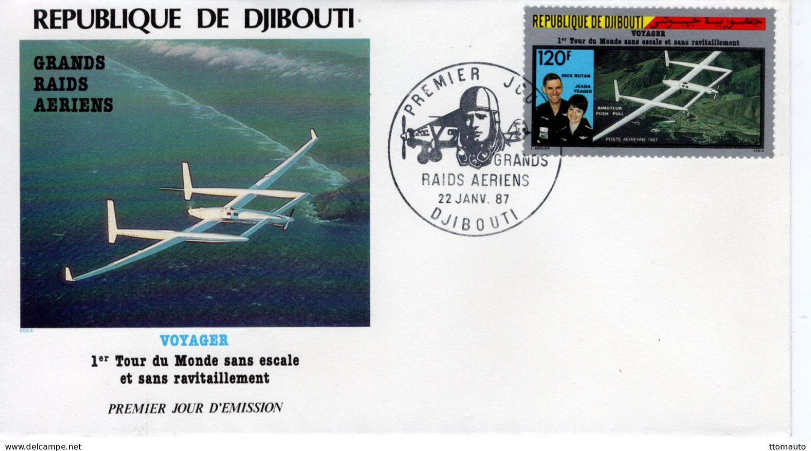 Djibouti FDC - Voyager - 1er Tour Du Monde Sans Escale Et Sans Ravitaillement -  - 1v Envelope Prémier Jour - Vliegtuigen