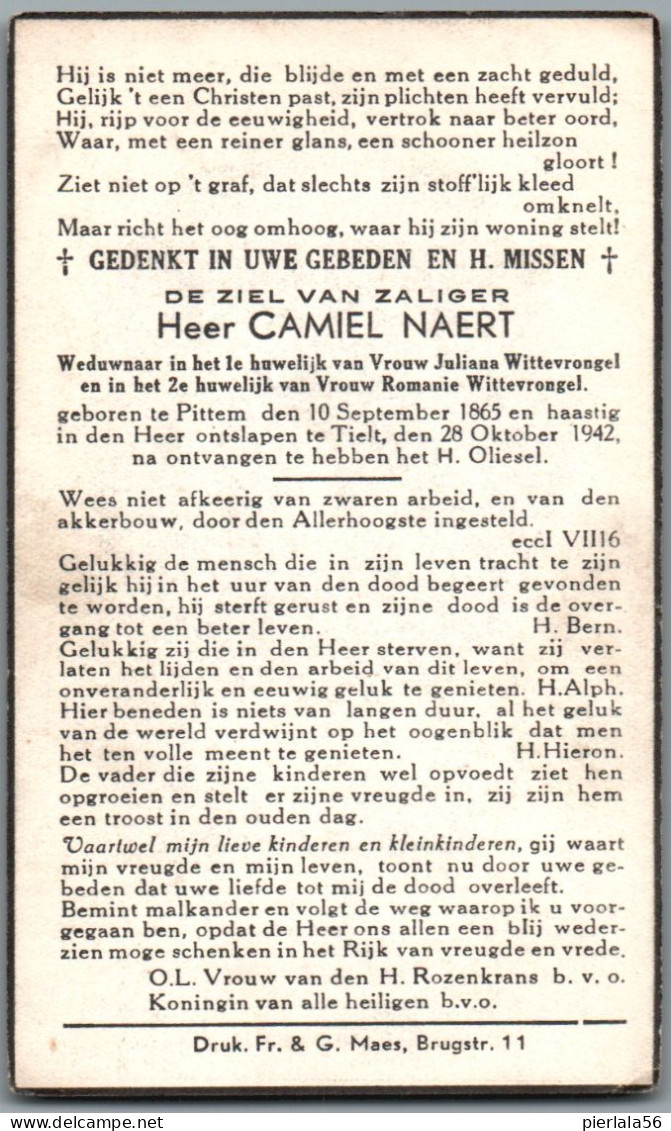 Bidprentje Pittem - Naert Camiel (1865-1942) - Devotion Images