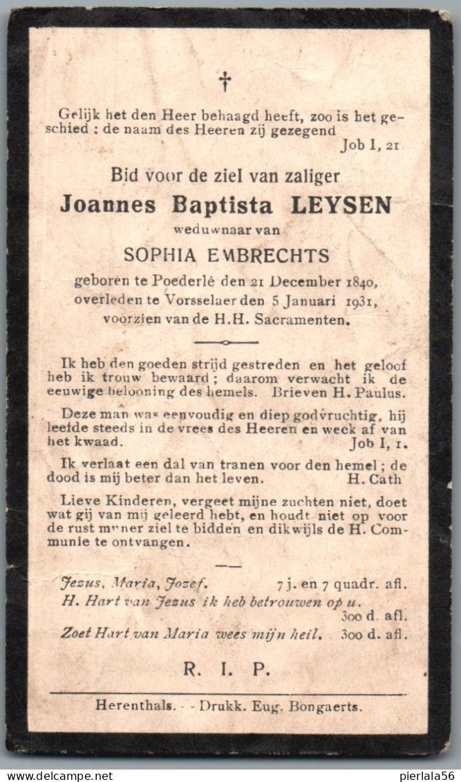 Bidprentje Poederlee - Leysen Joannes Baptista (1840-1931) - Devotion Images